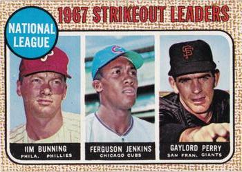 1968 Topps #11 National League 1967 Strikeout Leaders (Jim Bunning / Ferguson Jenkins / Gaylord Perry) Front