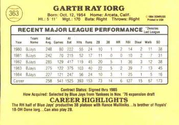 1985 Donruss #363 Garth Iorg Back