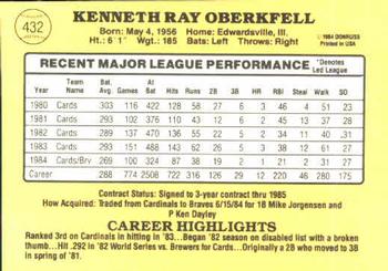 1985 Donruss #432 Ken Oberkfell Back