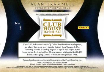 2014 Panini Immaculate Collection - Clubhouse Material #6 Alan Trammell Back