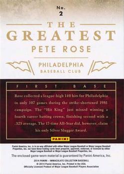 2014 Panini Immaculate Collection - The Greatest Materials Prime #2 Pete Rose Back