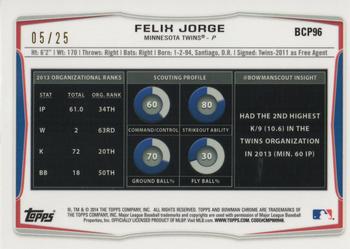 2014 Bowman Chrome - Prospects Orange Refractors #BCP96 Felix Jorge Back