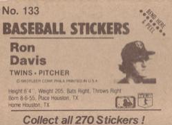 1983 Fleer Star Stickers #133 Ron Davis Back