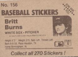 1983 Fleer Star Stickers #156 Britt Burns Back