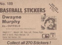 1983 Fleer Star Stickers #189 Dwayne Murphy Back