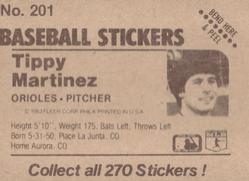 1983 Fleer Star Stickers #201 Tippy Martinez Back
