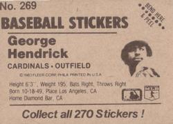 1983 Fleer Star Stickers #269 George Hendrick Back