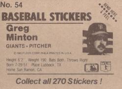 1983 Fleer Star Stickers #54 Greg Minton Back