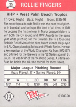 1989-90 T&M Senior League #35 Rollie Fingers Back