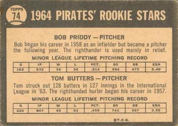 1964 Topps Venezuelan #74 Pirates 1964 Rookie Stars (Bob Priddy / Tom Butters) Back