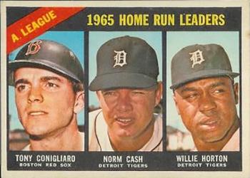 1966 Topps Venezuelan #218 American League 1965 Home Run Leaders (Tony Conigliaro / Norm Cash / Willie Horton) Front
