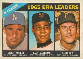1966 Topps Venezuelan #221 National League 1965 ERA Leaders (Sandy Koufax / Juan Marichal / Vern Law) Front
