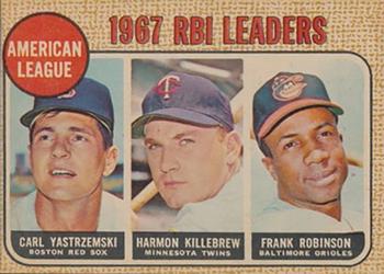 1968 Topps Venezuelan #4 American League 1967 RBI Leaders (Carl Yastrzemski / Harmon Killebrew / Frank Robinson) Front