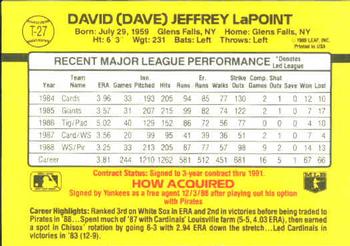 1989 Donruss Traded #T-27 Dave LaPoint Back