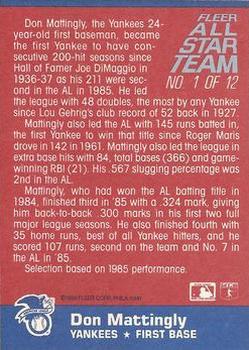 1986 Fleer - Fleer All-Star Team #1 Don Mattingly Back