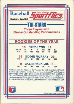 1986 Sportflics #73 Rookies of the Year (Fred Lynn / Eddie Murray / Cal Ripken Jr.) Back