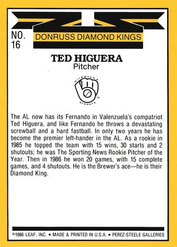 1987 Donruss - Super Diamond Kings #16 Ted Higuera Back