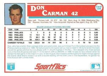 1987 Sportflics #108 Don Carman Back