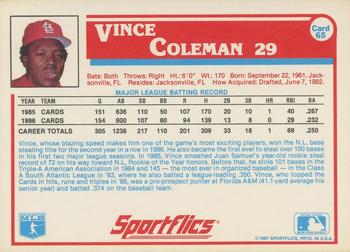 1987 Sportflics #65 Vince Coleman Back