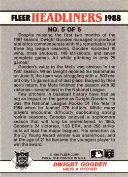 1988 Fleer - Headliners #5 Dwight Gooden Back