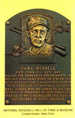 1965-22 Cooperstown Plaque Postcards #NNO Carl Hubbell Front