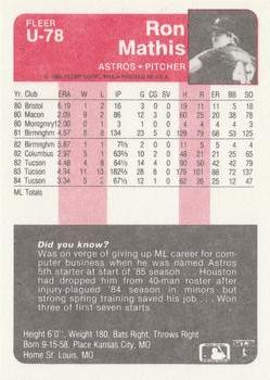 1985 Fleer Update #U-78 Ron Mathis Back