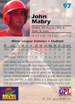 1994 Signature Rookies Draft Picks #97 John Mabry Back