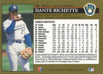 1992 Leaf - Black Gold #134 Dante Bichette Back