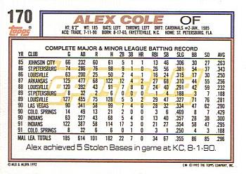 1992 Topps - Gold #170 Alex Cole Back