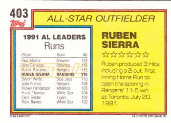 1992 Topps - Gold #403 Ruben Sierra Back