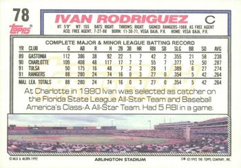1992 Topps - Gold Winners #78 Ivan Rodriguez Back
