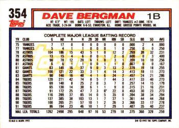 1992 Topps - Gold Winners #354 Dave Bergman Back