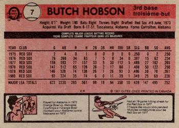 1981 O-Pee-Chee - Gray Back #7 Butch Hobson Back