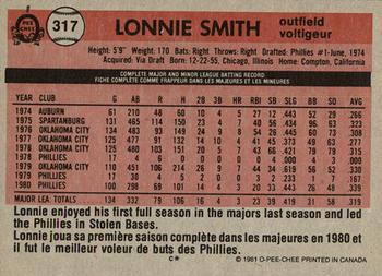 1981 O-Pee-Chee - Gray Back #317 Lonnie Smith Back