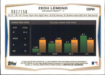 2014 Bowman Draft - Chrome Green Refractors #CDP64 Zech Lemond Back