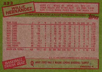 1985 Topps #333 Willie Hernandez Back