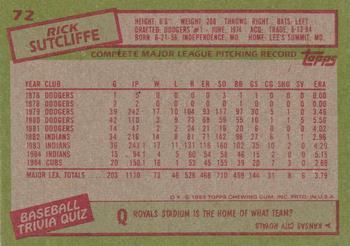 1985 Topps #72 Rick Sutcliffe Back