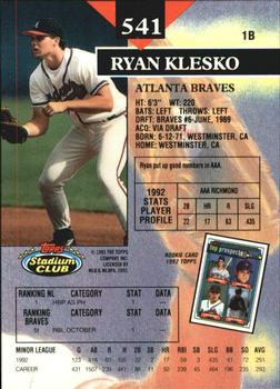 1993 Stadium Club - Members Only #541 Ryan Klesko Back
