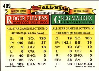 1993 Topps - Inaugural Marlins #409 Greg Maddux / Roger Clemens Back