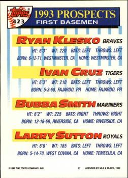 1993 Topps - Inaugural Marlins #423 Ryan Klesko / Ivan Cruz / Bubba Smith / Larry Sutton Back