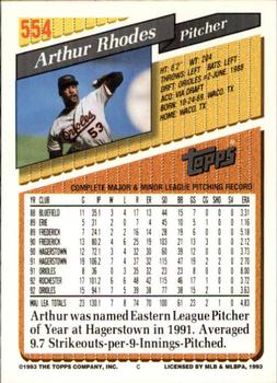 1993 Topps - Inaugural Marlins #554 Arthur Rhodes Back