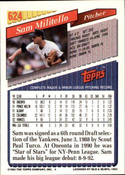 1993 Topps - Inaugural Marlins #624 Sam Militello Back