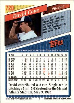 1993 Topps - Inaugural Marlins #720 David Cone Back