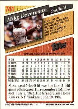 1993 Topps - Inaugural Marlins #741 Mike Devereaux Back