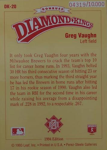 1994 Donruss - Diamond Kings Jumbo #DK-20 Greg Vaughn Back