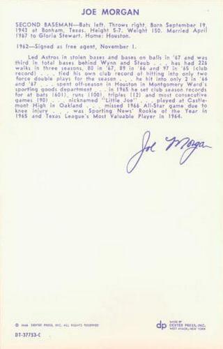 1968 Dexter Press Houston Astros #10 Joe Morgan Back
