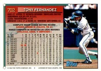 1994 Topps Bilingual #702 Tony Fernandez Back