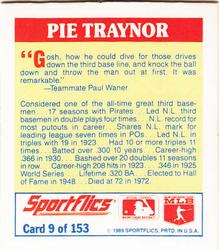 1989 Sportflics - The Unforgetables #9 Pie Traynor Back