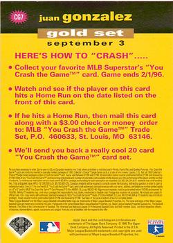 1995 Collector's Choice - You Crash the Game Gold #CG7 Juan Gonzalez Back