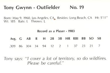 1984 San Diego Padres Smokey #NNO Tony Gwynn Back